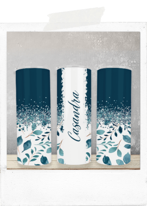 600ml Tumbler-Blue-Leaves-Glitter -Custom Name