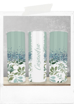 600ml Tumbler -Green-Leaves-Glitter -Custom Name
