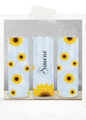 600ml Tumbler-Sunflowers on Blue-Custom Name