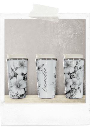 Latte Tumbler-Black And White Flowers-Custom Name