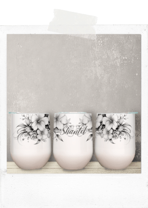 Wine Tumbler -Black And White Flowers-Custom Name
