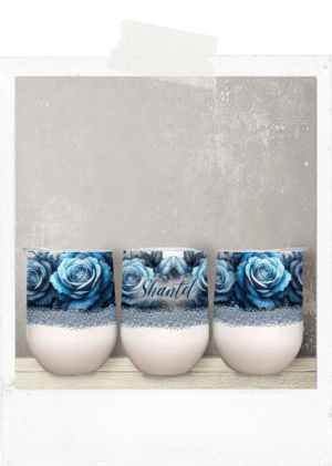 Wine Tumbler -Blue Roses And Glitter-Custom Name