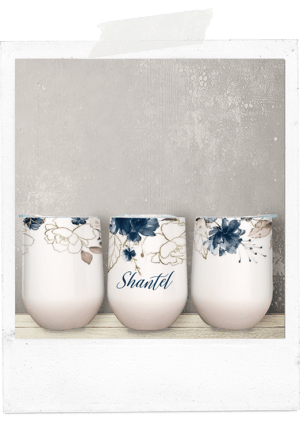 Wine Tumbler -Blue And Gold Flowers-Custom Name