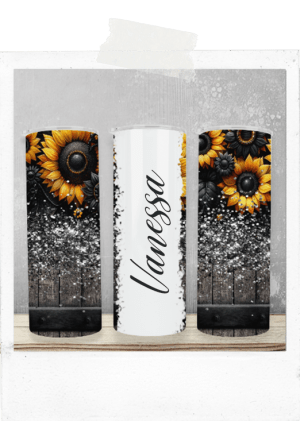 600ml Tumbler-Sun Flowers-Wood-Glitter-Custom Name
