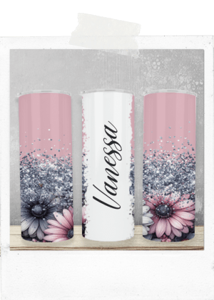 600ml Tumbler-Daisies-Pink-Glitter-Custom Name