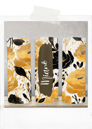 600ml Tumbler-Black And Gold Flowers-Custom Name