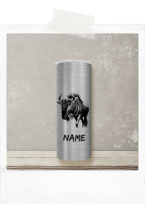 600ml Tumbler-Silver-Wildebeest Standing Fade-out-Custom Name
