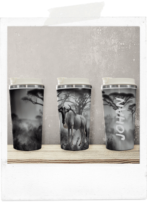 Personalized wildebeesr african latte coffee tumbler glass cup