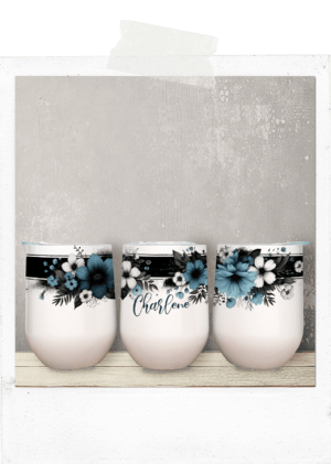 Wine Tumbler-Blue Flowers With Black Strip-Custom Name (Copy)