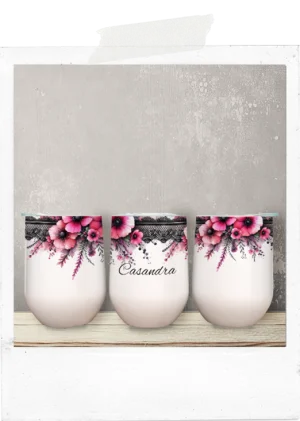 Wine Tumbler -Pink With Black Lace-Custom Name