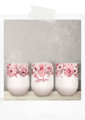 Wine Tumbler -Pink Ribbon Flowers-Custom Name