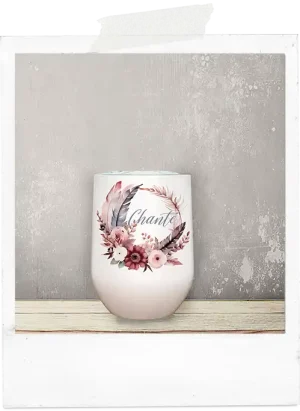 Watercolor boho pink feather wreath wine tumbler glass cup