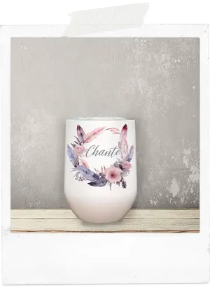 Watercolor boho pink feather wreath wine tumbler