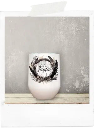 Watercolor boho black feather wreath wine tumbler glass cup