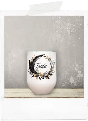 Watercolor boho black feather wreath wine tumbler glass cup