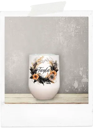 Watercolor sunflower wreath wine tumbler glass cup