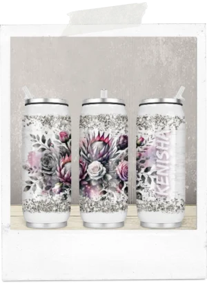 400ml Can-Watercolor Pink Proteas And Roses-Custom Name