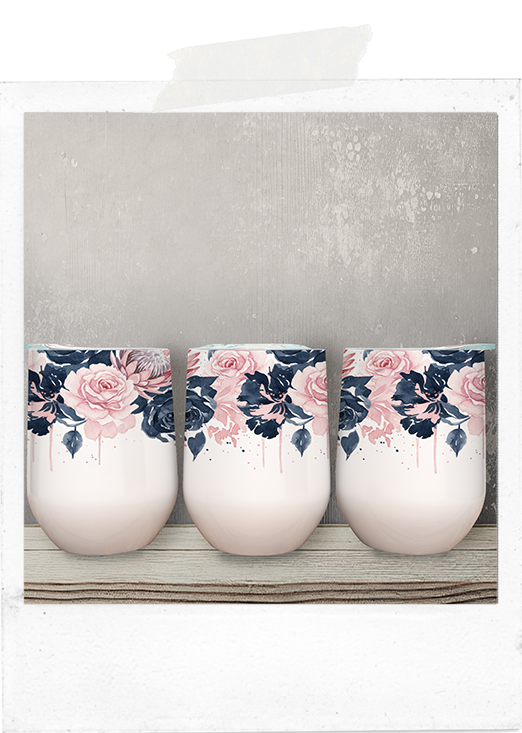 Wine Tumbler-Navy and Pink - Roses and Proteas -Thick Floral Design