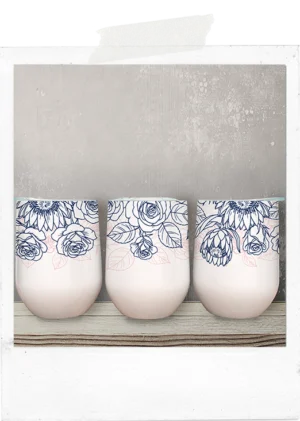 Wine Tumbler-Navy and Pink - Roses and Proteas - Line Drawing