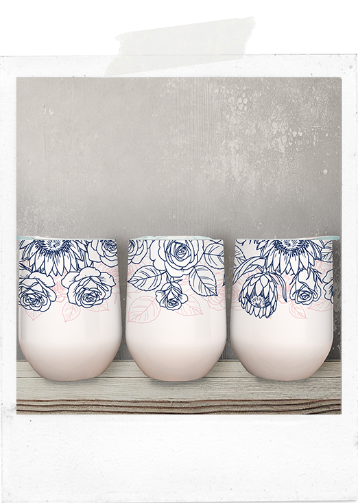 Wine Tumbler-Navy and Pink - Roses and Proteas - Line Drawing