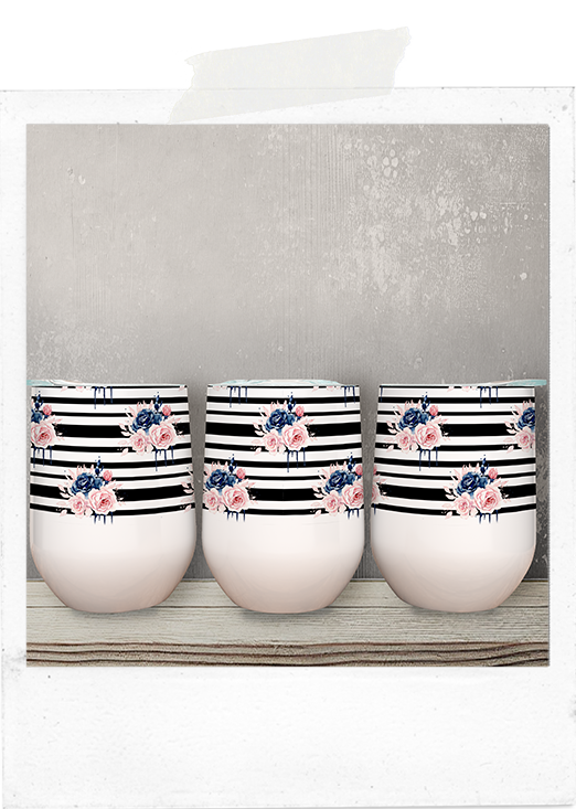 Wine Tumbler-Navy and Pink - Roses and Proteas -Stripes
